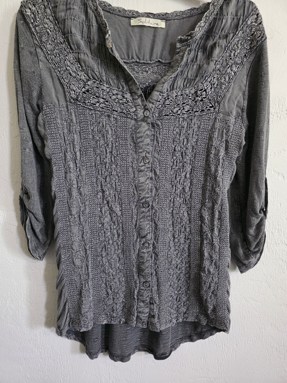 Solitaire Women's Gray Crochet-Detail Button Front Top